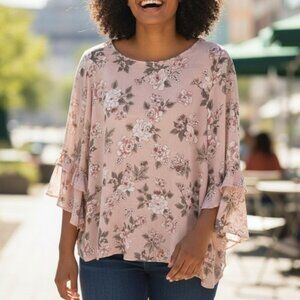 Floral Bell Sleeve Blouse Torrid Size 3 Pink Beige Lightweight 28" Armpit To Arm